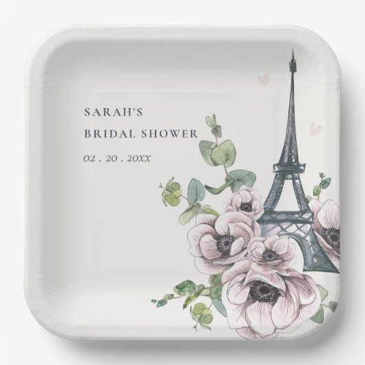 ヴィンテージ素朴エッフェルタワーフローラブライダルシャワー ペーパープレート (正面)