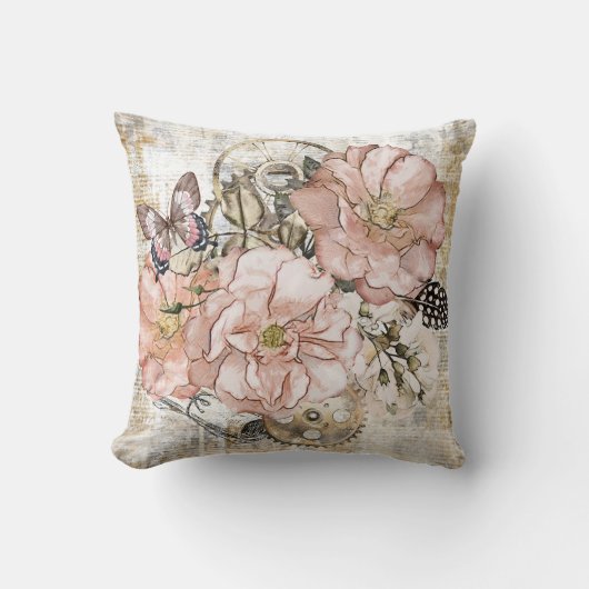 ヴィンテージ素朴エフエマピンクフローラ クッション (正面)