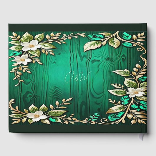 ヴィンテージ素朴エメラルドグリーン金ゴールド結婚の花 ゲストブック (裏面)