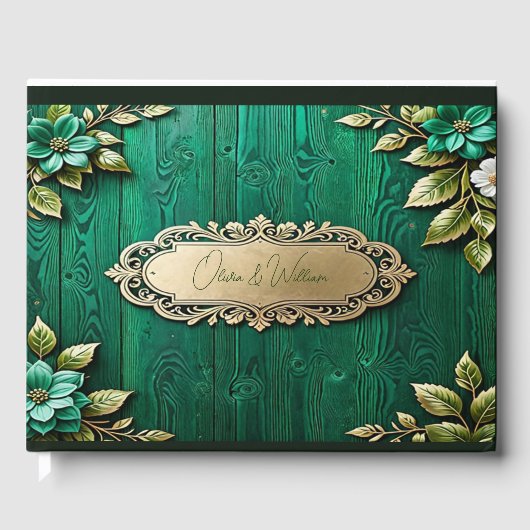 ヴィンテージ素朴エメラルドグリーン金ゴールド結婚の花 ゲストブック (正面)