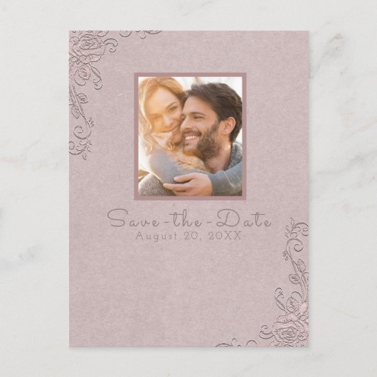 ヴィンテージ素朴エレガントバラ写真Save the Date 案内ポストカード (正面)