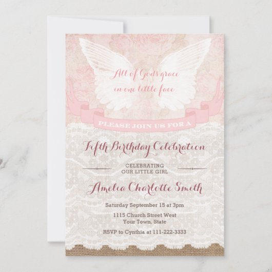 ヴィンテージ素朴エンジェル誕生日パーティー/任意の年齢 招待状 (正面)