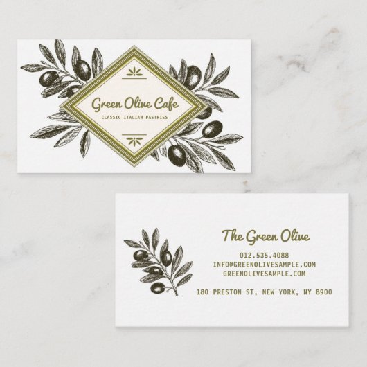ヴィンテージ素朴オリーブの枝フレームレストラン 名刺 (正面/裏面)