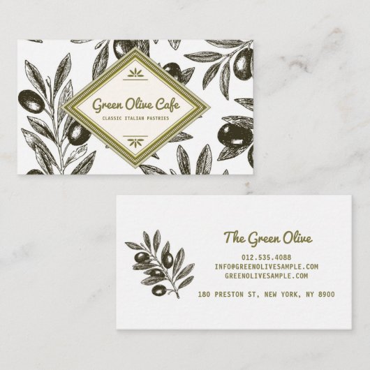 ヴィンテージ素朴オリーブブランチイラストレーションカフェ 名刺 (正面/裏面)