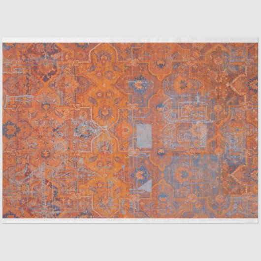 ヴィンテージ素朴オレンジと青の織物パターン 薄葉紙 (正面)