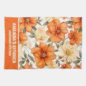 ヴィンテージ素朴オレンジオータムフラワーパターン キッチンタオル (横)