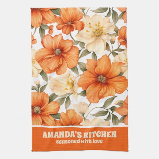 ヴィンテージ素朴オレンジオータムフラワーパターン キッチンタオル (縦)