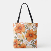 ヴィンテージ素朴オレンジオータムフラワーパターン トートバッグ (裏面)