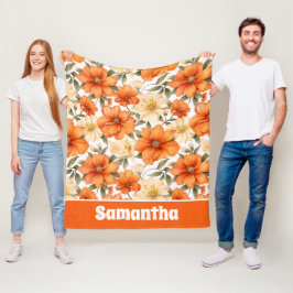 ヴィンテージ素朴オレンジオータムフラワーパターン フリースブランケット
