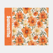 ヴィンテージ素朴オレンジオータムフラワーパターン フリースブランケット (正面(横))