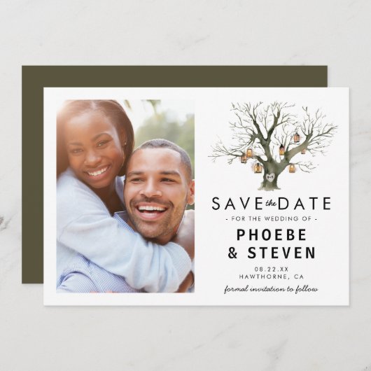 ヴィンテージ素朴オークツリー日付の写真を保存 セーブザデート (正面/裏面)