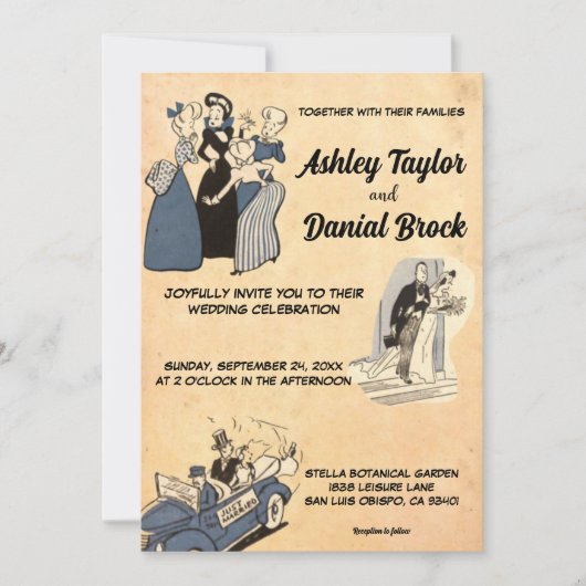 ヴィンテージ素朴オールドロマンチック漫画結婚レトロ 招待状 (正面)