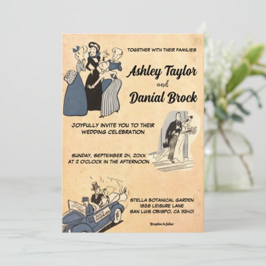 ヴィンテージ素朴オールドロマンチック漫画結婚レトロ 招待状 (スタンド正面)