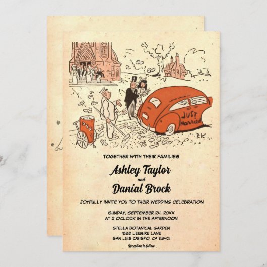 ヴィンテージ素朴オールド結婚したカップルレトロ結婚ズ 招待状 (正面/裏面)