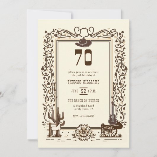 ヴィンテージ素朴カウボーイウェスタンフレーム70誕生日 招待状 (正面)