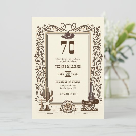 ヴィンテージ素朴カウボーイウェスタンフレーム70誕生日 招待状 (スタンド正面)