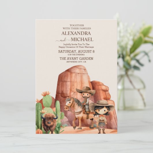 ヴィンテージ素朴カウボーイ結婚のウマサボテン 招待状 (スタンド正面)