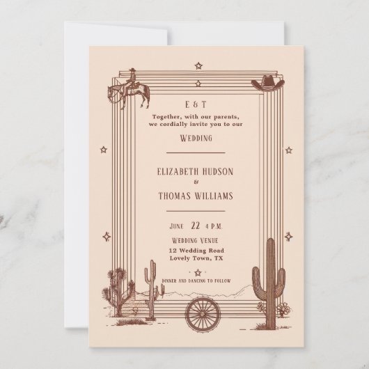 ヴィンテージ素朴カウボーイ結婚のテラコッタフレーム 招待状 (正面)