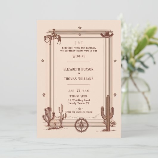 ヴィンテージ素朴カウボーイ結婚のテラコッタフレーム 招待状 (スタンド正面)