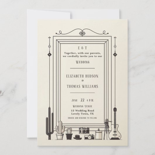 ヴィンテージ素朴カウボーイ結婚ズのギターミュージシャン 招待状 (正面)