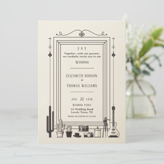 ヴィンテージ素朴カウボーイ結婚ズのギターミュージシャン 招待状 (スタンド正面)