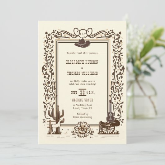 ヴィンテージ素朴カウボーイ結婚ズ西部植物学 招待状 (スタンド正面)