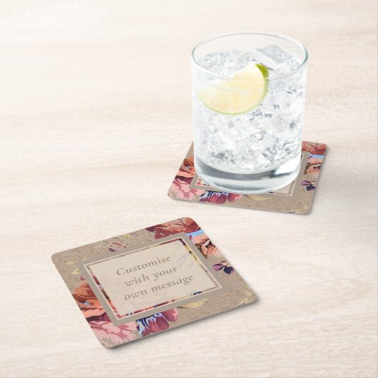 ヴィンテージ素朴カスタムフローラ文字 スクエアペーパーコースター (インサイチュ)