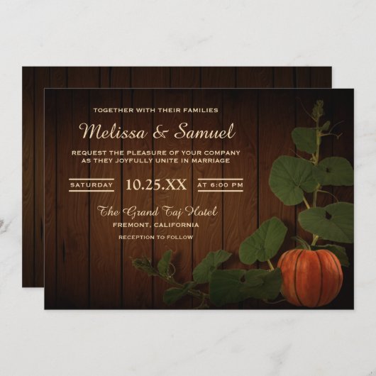 ヴィンテージ素朴カントリーカボチャ結婚式招待状 招待状 (正面/裏面)