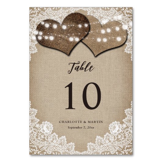 ヴィンテージ素朴カントリーバーラップとレース結婚ズ テーブルナンバー (正面)