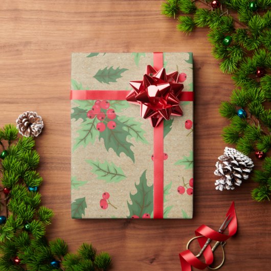 ヴィンテージ素朴クラフトクリスマスホリーレッドベリー ラッピングペーパー (クリスマスギフト)