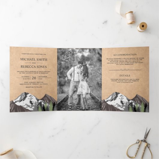 ヴィンテージ素朴クラフトマウンテンフォレストフォトズ結婚ーズ 三つ折り招待状 (内部)