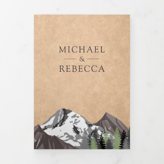 ヴィンテージ素朴クラフトマウンテンフォレストフォトズ結婚ーズ 三つ折り招待状 (カバー)