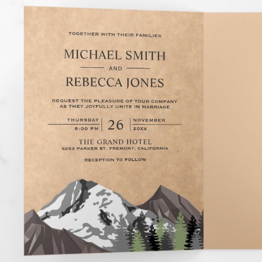 ヴィンテージ素朴クラフトマウンテンフォレストフォトズ結婚ーズ 三つ折り招待状 (内部最初)