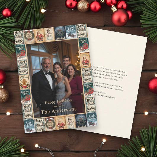 ヴィンテージ素朴クリスマスコラージフォトホリデー 招待状