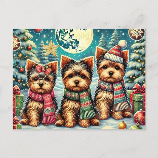 ヴィンテージ素朴クリスマステリアヨークシャードッグ シーズンポストカード (正面)
