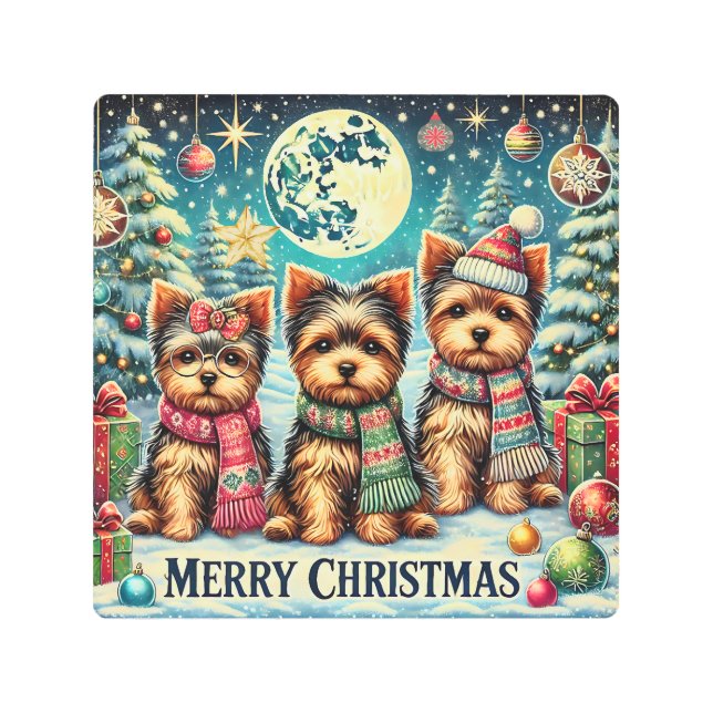 ヴィンテージ素朴クリスマステリアヨークシャードッグ メタルプリント (正面)