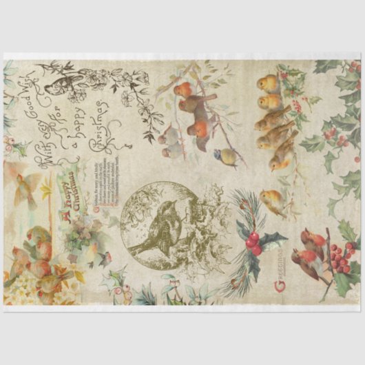 ヴィンテージ素朴クリスマスバード&ホリーエフエメラ 薄葉紙 (正面)