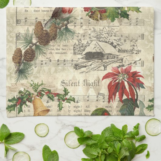 ヴィンテージ素朴クリスマスミュージックフローラエフェメラ キッチンタオル (折り畳み)