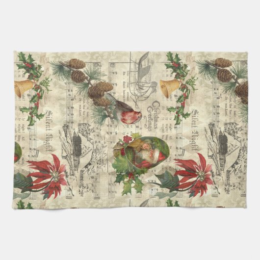 ヴィンテージ素朴クリスマスミュージックフローラエフェメラ キッチンタオル (横)