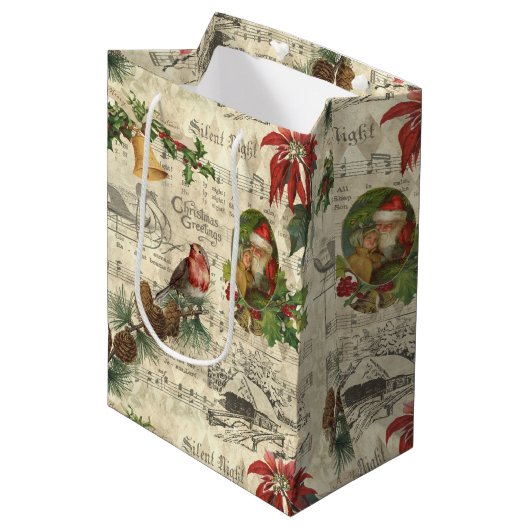 ヴィンテージ素朴クリスマスミュージックフローラエフェメラ ミディアムペーパーバッグ (正面アングル)