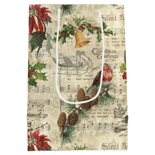 ヴィンテージ素朴クリスマスミュージックフローラエフェメラ ミディアムペーパーバッグ (裏面)