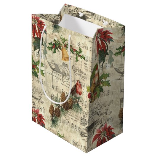 ヴィンテージ素朴クリスマスミュージックフローラエフェメラ ミディアムペーパーバッグ (裏面アングル)