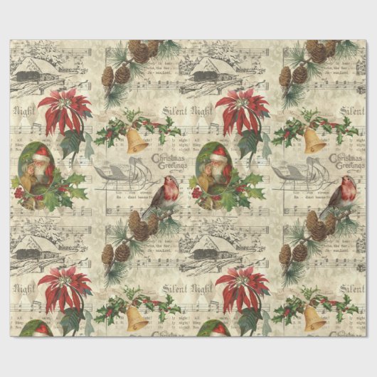 ヴィンテージ素朴クリスマスミュージックフローラエフェメラ ラッピングペーパー (フラット)