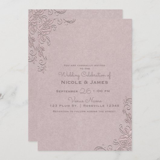 ヴィンテージ素朴グラマーエレガントバラコー結婚ナー 招待状 (正面/裏面)