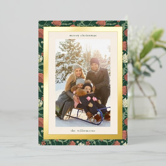 ヴィンテージ素朴グリーンフローラクリスマスファミリー写真 箔シーズンカード (立ち正面)