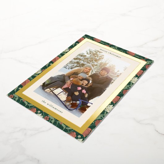 ヴィンテージ素朴グリーンフローラクリスマスファミリー写真 箔シーズンカード (回転した状態)