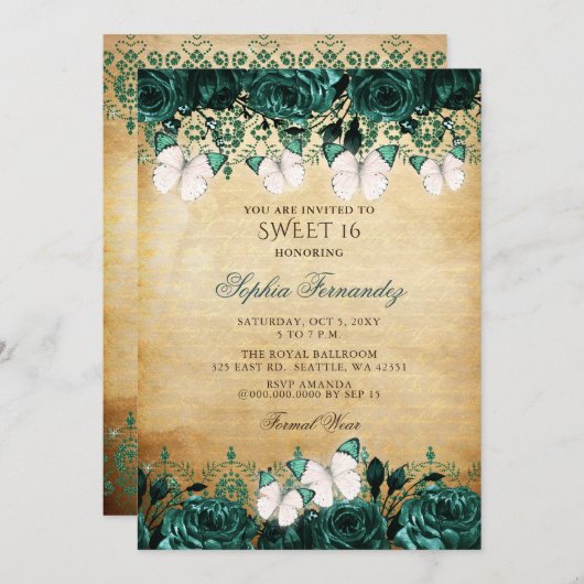 ヴィンテージ素朴グリーンフローラバタフライスウィート16 招待状 (正面/裏面)