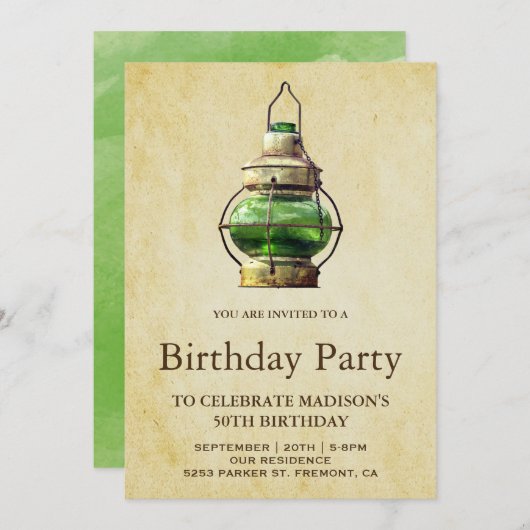 ヴィンテージ素朴グリーンランタンバースデーパーティー 招待状 (正面/裏面)