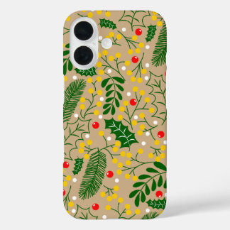 ヴィンテージ素朴グリーンリーホリーベリークリスマス iPhone 16ケース