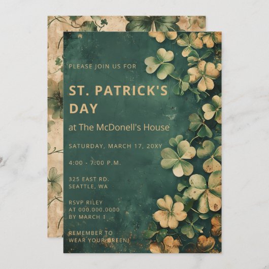 ヴィンテージ素朴グリーン金ゴールドシャムロックSt patricks day 招待状 (正面/裏面)